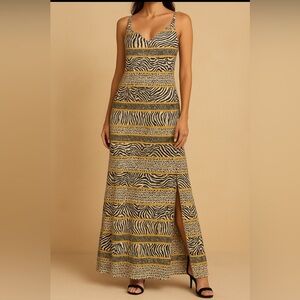 MSK XL Animal Print Maxi Dress Zebra Leopard Cheetah Gold Side Slits Resort Sexy